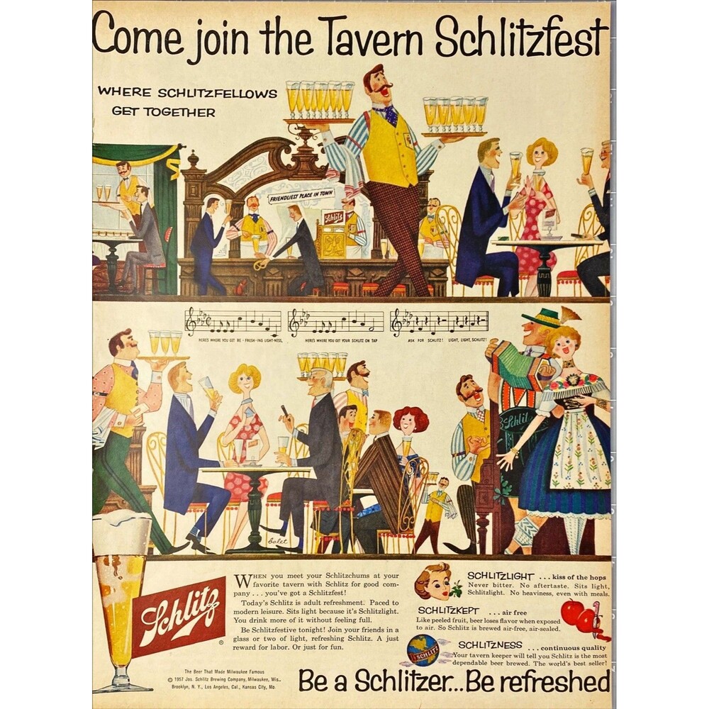 Schlitz "Come Join the Tavern Schlitzfest" Illustration Vintage Print Ad 1957
